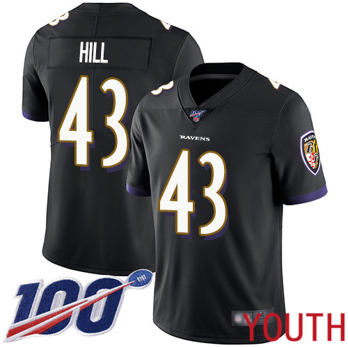 Baltimore Ravens Limited Black Youth Justice Hill Alternate Jersey NFL Football #43 100th Season Vapor Untouchable